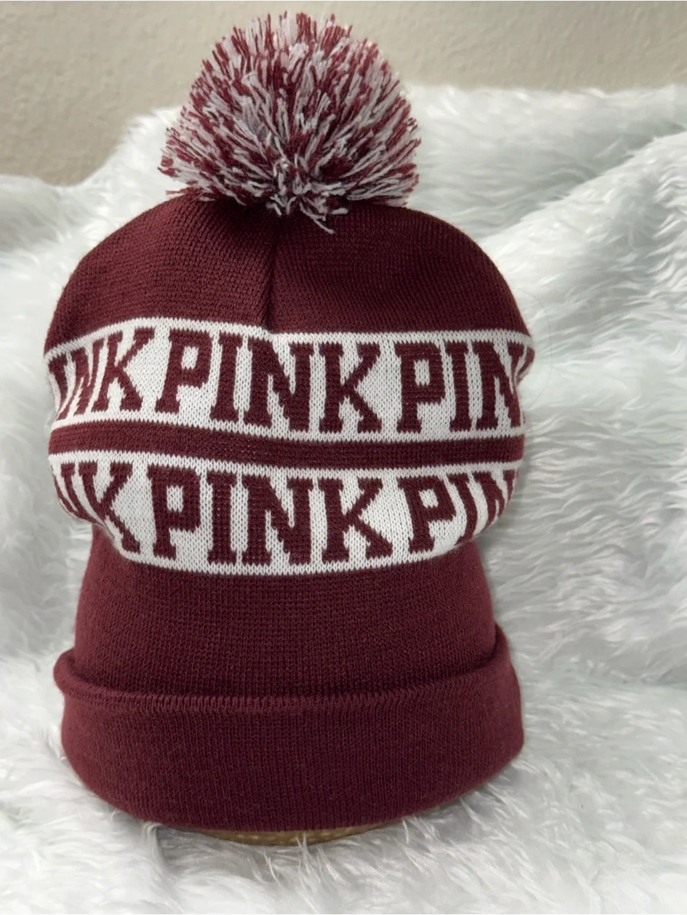 PINK Victoria's Secret Kids Two-Tone Pom Beanie Hat - Maroon & White